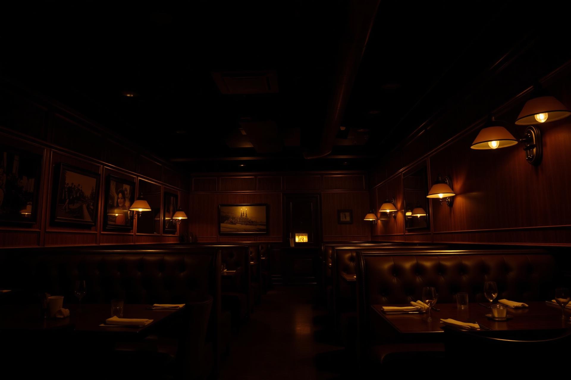 A dimly lit upscale dining room at night